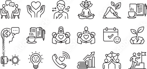 Mental health and self care wellness outline icon set with meditation yoga therapy counseling breathing exercises and personal growth elements
