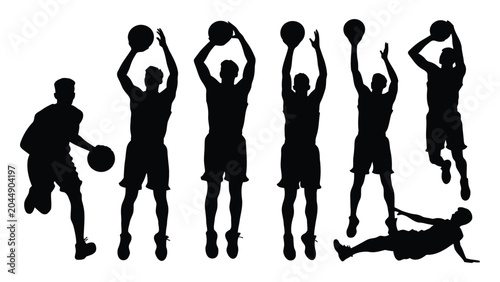 Tableau sur toile Basketball players exhibit various athletic motions including jumping, shooting, and dribbling in this detailed collection of black silhouettes