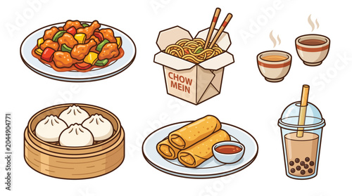 Chinese takeout food boxes and noodle dishes illustration