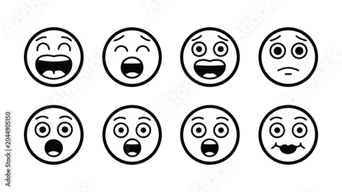 Foto Black and white of eight cartoon faces with different expressions and eye styles