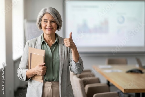 Confident businesswoman with grey hair giving thumbs up in a corporate meeting room