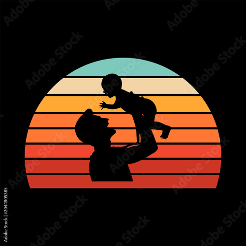 Silhouette of a father lifting baby at sunset. Vintage retro family love illustration