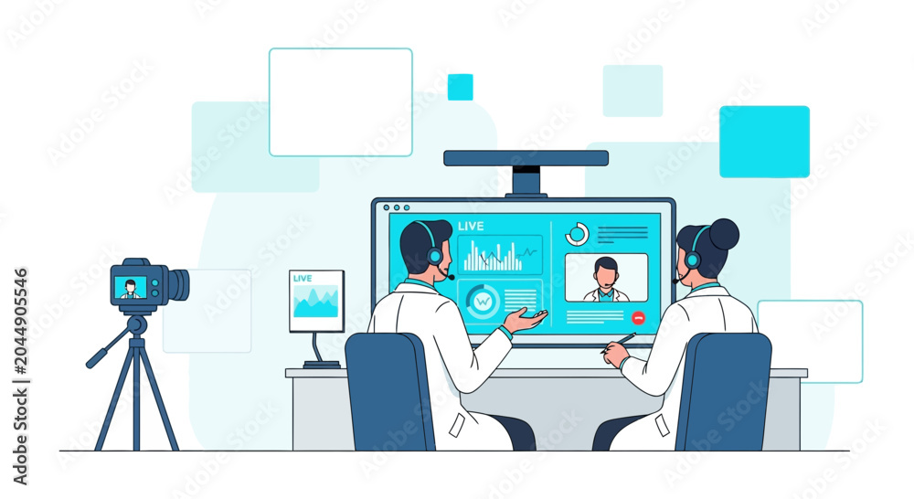 Fototapeta premium Medical Professionals in Virtual Meeting, Live Broadcast, Telemedicine, Online Consultation