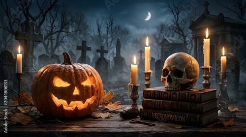 Spooky halloween scene with jack o'lantern and skull