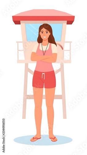 A cartoon woman in pink top and red shorts stands confidently in front of a lifeguard tower