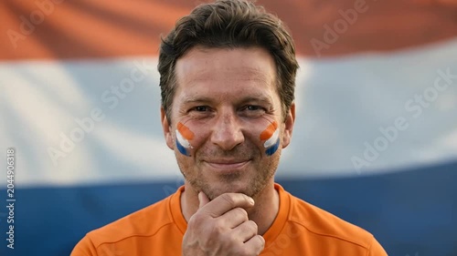 Expressive man celebrating enthusiastically supporting team spirit with colorful face paint in front of waving flag
