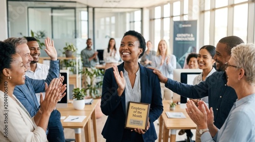 A diverse group of business professionals celebrating an employee of the month award in a modern office setting.