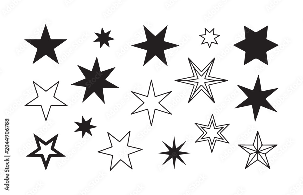 Obraz premium Hand drawn star silhouette collection with various points and outline styles for creative designs.