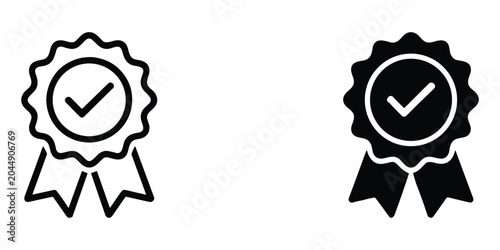 Award ribbon icon with check mark, stroke and solid fill, representing quality or success