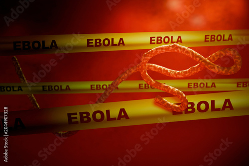 Obraz na płótnie microscopic Ebola virus cell intertwined with yellow warning quarantine tapes on a red background, lethal epidemic outbreak, biological hazard, and infection