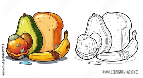 Colorful illustration of spoiled fruit and bread beside outlines  