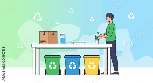 Man Recycling Plastic Bottle into Recycling Bins - Eco-friendly Waste Management