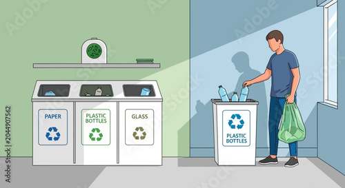 Man Recycling Plastic Bottles and Paper into Designated Bins