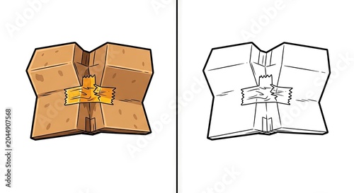 Cartoon box with tape in colored and black-and-white style  