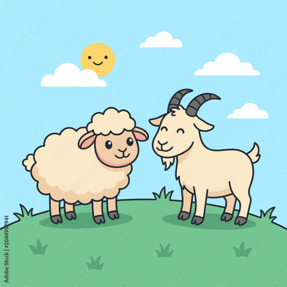 Obraz premium Cute Sheep and Goat Cartoon Collection Farm Animal Character Set
