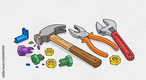 Tools and hardware including hammer, pliers, and wrenches on surface  