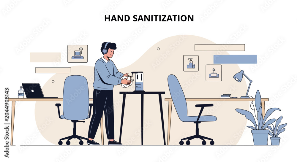 Fototapeta premium Man sanitizing hands in a modern office with desks and chairs, promoting hygiene