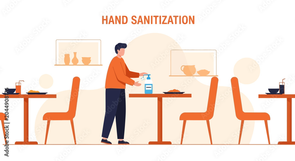 Fototapeta premium Man sanitizing hands in a restaurant, promoting hygiene and safety