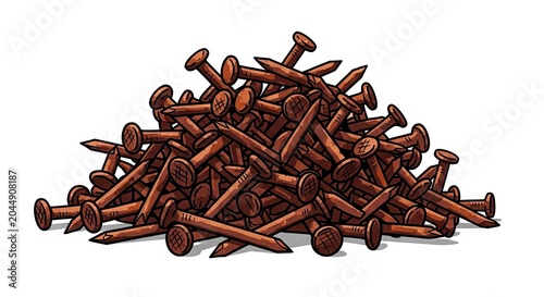 Pile of brown nails on a white background  