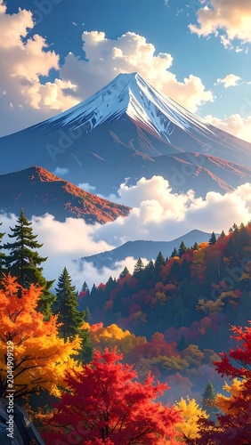 A serene mountain landscape with snow-capped peak, vibrant autumn foliage, and fluffy clouds