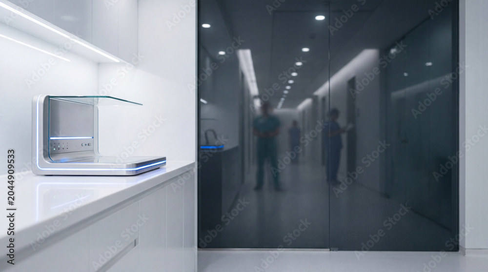 Obraz premium Sleek minimalist diagnostic terminal dock on a white surface in a high-end health screening suite, representing precision healthcare innovation