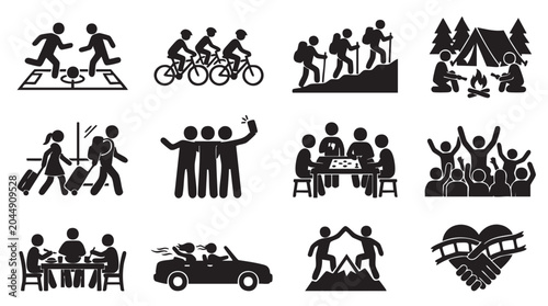 Collection of black silhouette icons depicting various leisure and social activities