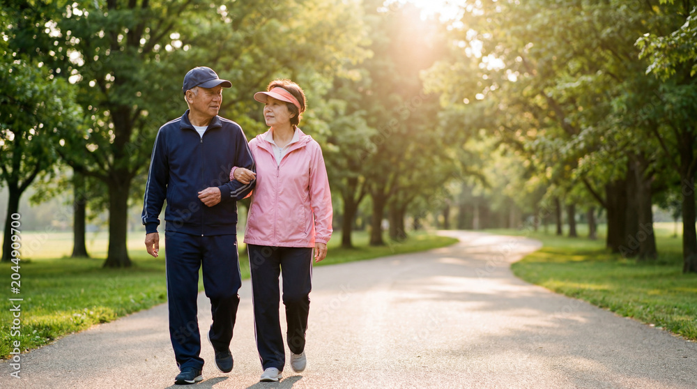 Fototapeta premium Elderly Asian couple walking together in casual sportswear on a paved pathway in a sunny community park, representing active aging and a healthy retirement lifestyle