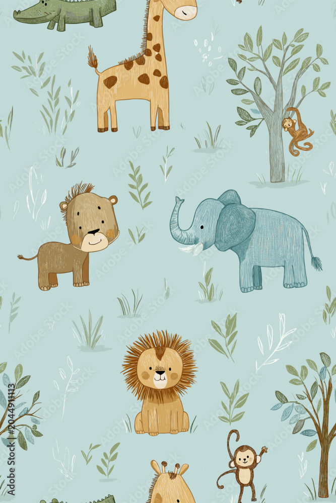 Fototapeta premium Safari animals pattern with giraffes, elephants, and lions on a light blue background. Cute cartoon jungle animals seamless pattern