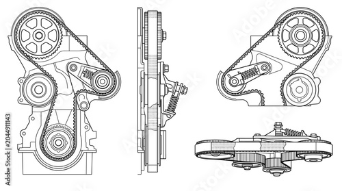 Timing belt automotive engine component technical drawing blueprint with front side back and sectional views CAD line art vector illustration