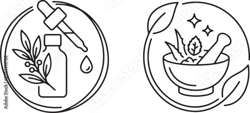 Fotografía Art & Illustration,Botanical therapy emblems including a medicinal glass dropper