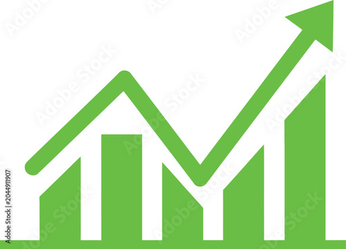 Green financial bar chart showing business growth and success with an upward arrow
