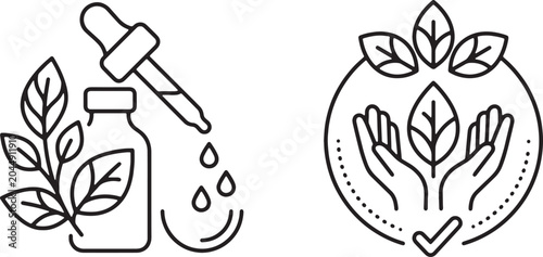 Bild auf Leinwand Art & Illustration, Organic plant daily care icons showing a glass dropper with
