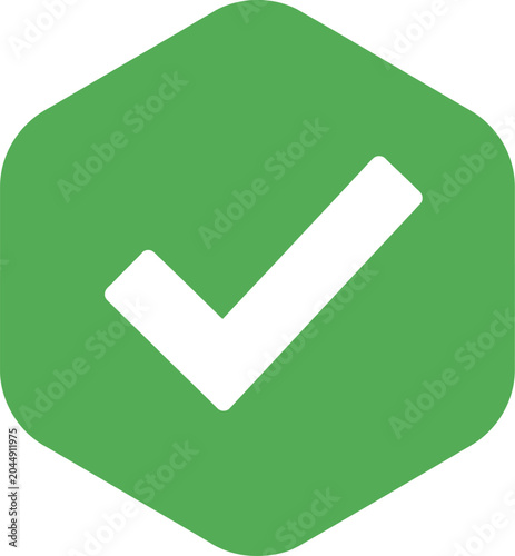 Green hexagon icon with a white check mark symbol for approval and success