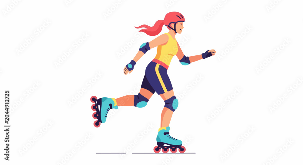 Fototapeta premium Active woman in protective gear roller skates with red wheels and hair