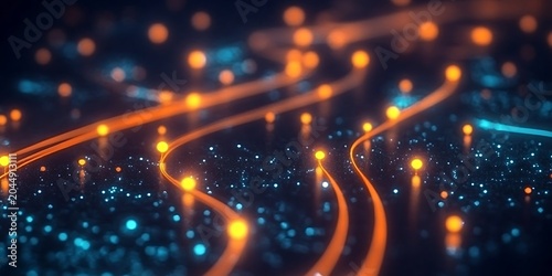 Data streaming orange light lines moving across dark surface with glowing digital particles.