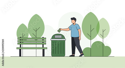Man Disposing Waste in Park Bin, Promoting Cleanliness and Environmental Care