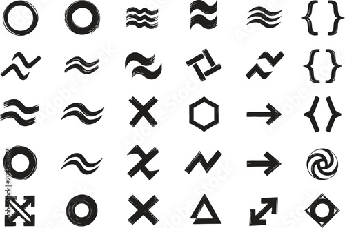 Set of black hand drawn geometric shapes and abstract brush stroke symbols