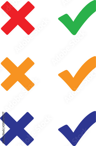 Set of colorful check mark and cross mark icons for survey and evaluation