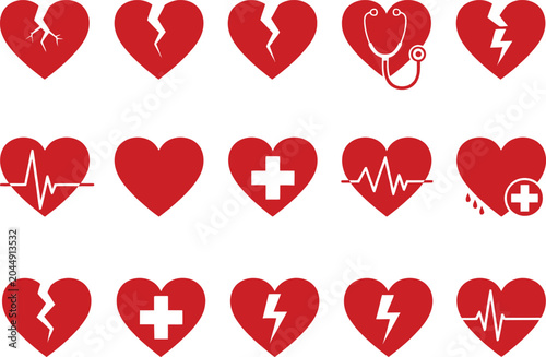 Set of red heart icons with medical and emotional symbols for health and love design