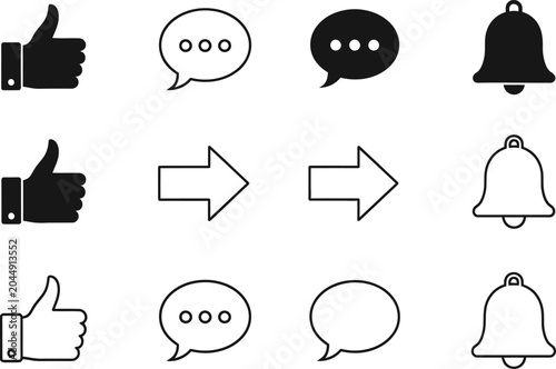 Set of social media and communication icons with thumbs up speech bubbles arrows and bell symbols