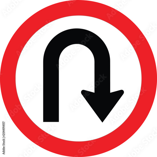 U-turn road traffic sign with a bold black arrow inside a red circle