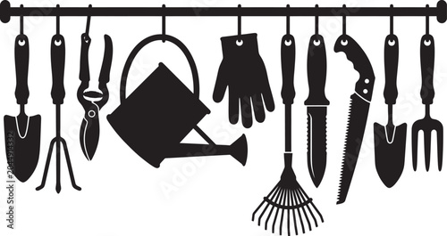Canvastavla Collection of black silhouette garden tools hanging on a rack for outdoor activi