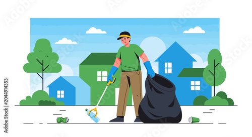 Man Cleaning Street, Picking Up Trash with Grabber Tool, Holding Trash Bag