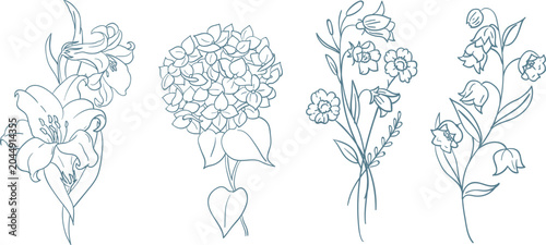 Beautiful collection of hand drawn floral elements featuring delicate lily hydrangea and bellflower blossoms depicted in a clean minimalist blue outline style perfect for elegant wedding invitations a