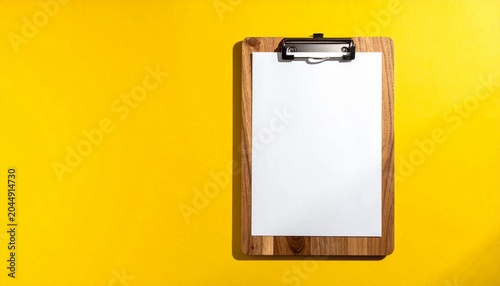 Wooden clipboard with blank paper on yellow background, office stationery concept