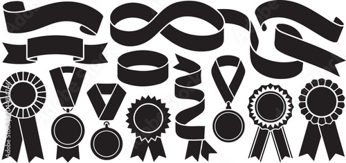 collection of red ribbons and award medals .Silhouette vector illustration