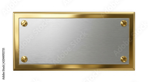 Horizontal silver metal plaque with brass frame as clean