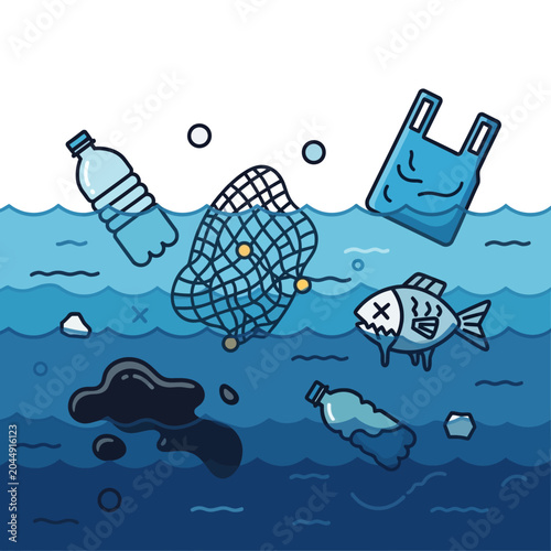 Ocean Pollution: Plastic, Debris, and Contamination Illustration