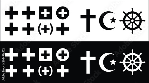 Collection of diverse religious and symbolic icons including Christian crosses Islamic crescent moon and star and ships wheel