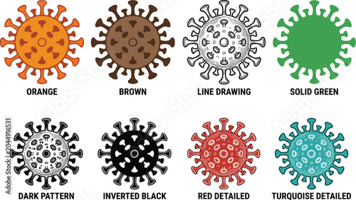 Quadro su tela Collection of eight stylized virus illustrations in various colors and styles re